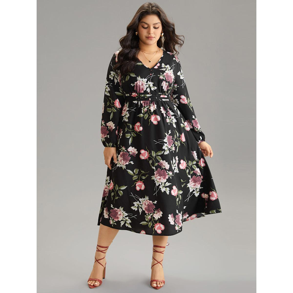 Plus Size Floral Print Pocket Button Detail Pleated Dress BlackFlower Women Elegant Elastic cuffs V-neck Long Sleeve Curvy Midi Dress BloomChic 18-20/2X Product Image