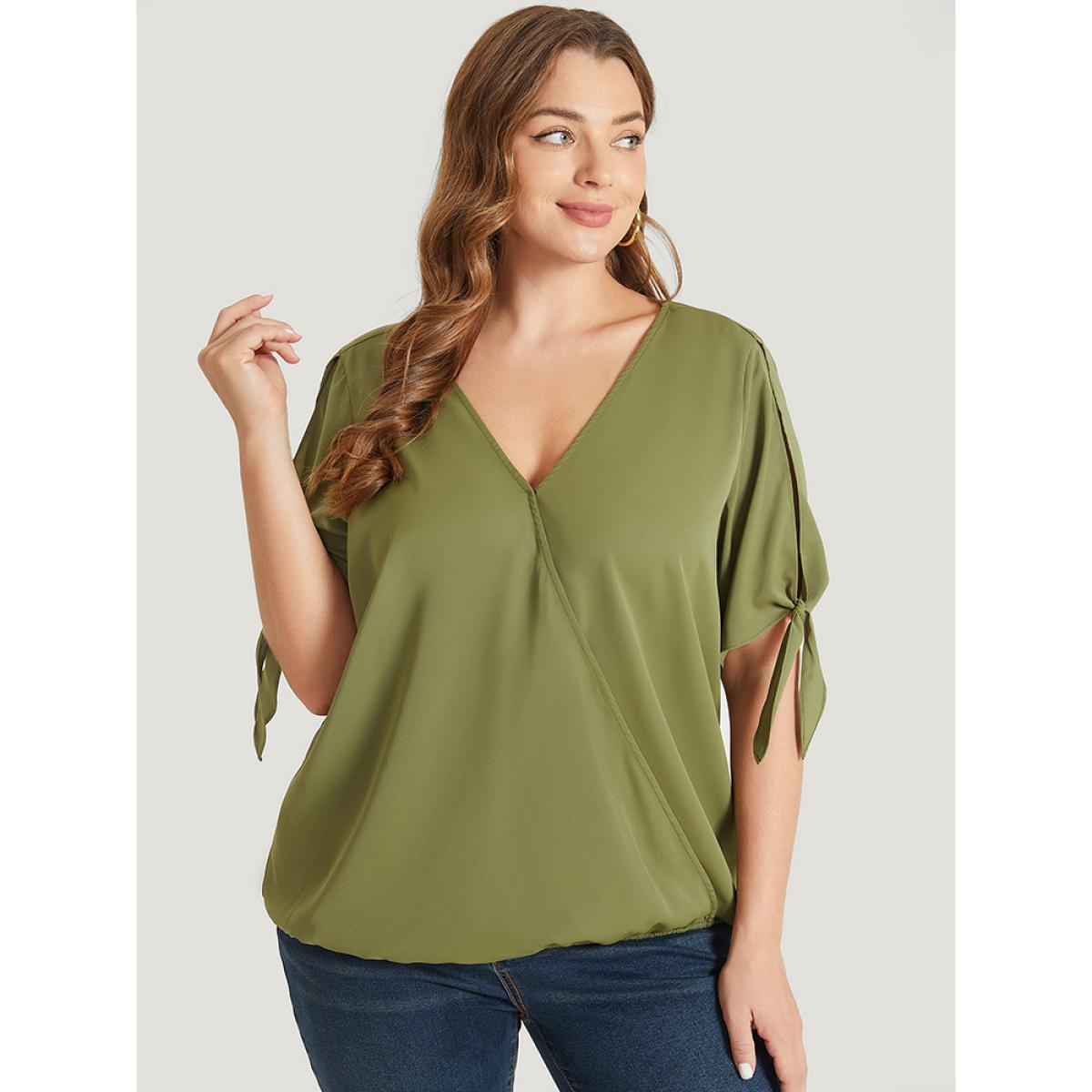 Plus Size ArmyGreen Plain Wrap Cut Out Knot Sleeve Blouse Women Office Short sleeve V-neck Dailywear Blouses BloomChic 30/6X Product Image