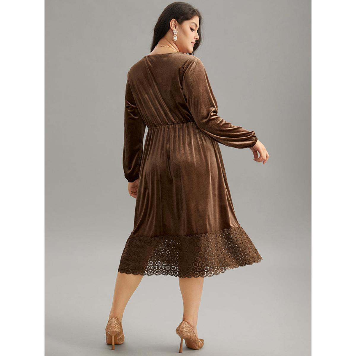 Plus Size Plain Velvet Elastic Waist Patchwork Lace Dress DarkBrown Women Vacation Velvet V-neck Long Sleeve Curvy Midi Dress BloomChic 22-24/3X Product Image
