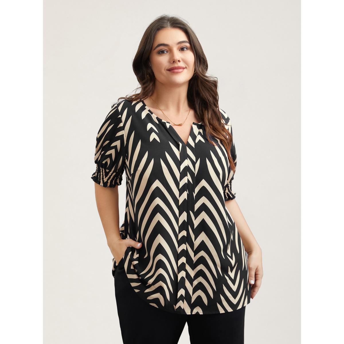 Plus Size Black Geometric Print Ruffled Shirred Shirt Women Office Half Sleeve Flat collar with V-notch Office Blouses BloomChic 26/4X Product Image