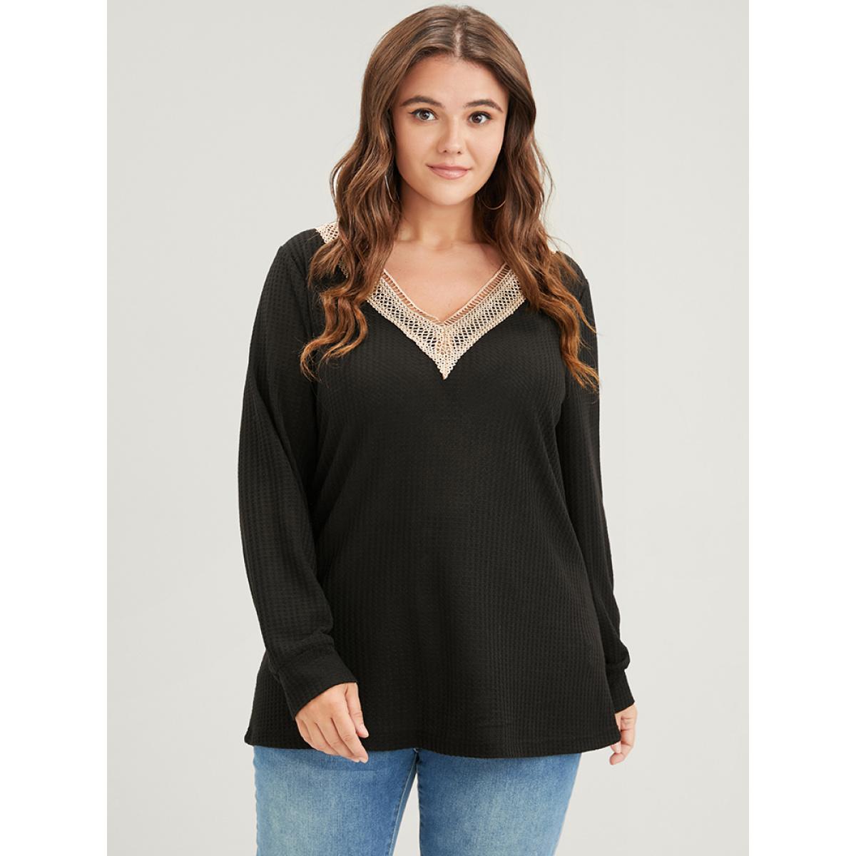 Plus Size Solid Drop Shoulder Contrast Lace Waffle Knit Sweatshirt Women Black Casual Patchwork V-neck Dailywear Sweatshirts BloomChic 26/4X Product Image