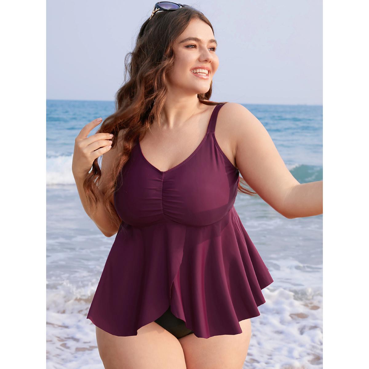 Plus Size Plain Asymmetrical Hem Ruffles Ruched Tankini Top Women's Swimwear Purple Vacation Adjustable Straps High stretch Bodycon V-neck Curve Swim Tops BloomChic 28/5X Product Image