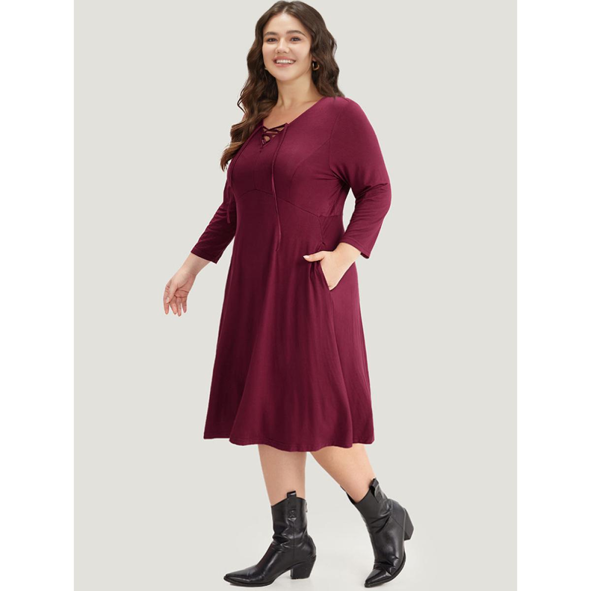 Plus Size Supersoft Essentials Solid Lace Up Ruffle Hem Dress Burgundy Women Casual Plain Tie Neck Elbow-length sleeve Curvy Midi Dress BloomChic 30/6X Product Image