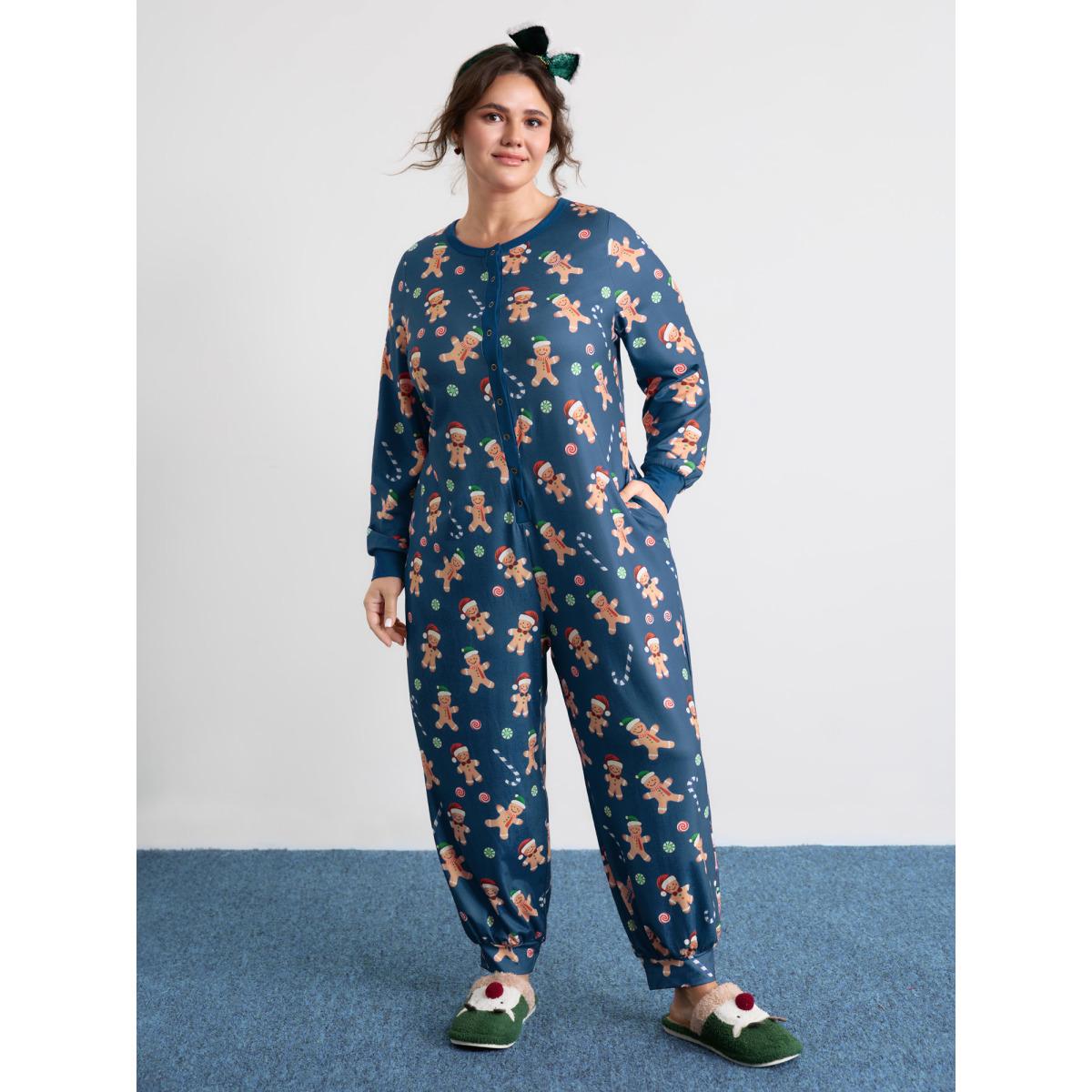 Plus Size Navy Gingerbread Print Button Placket Jumpsuit Women Leisure Extra Long Sleeve Round Neck Casual Loose Jumpsuits BloomChic 30/6X Product Image
