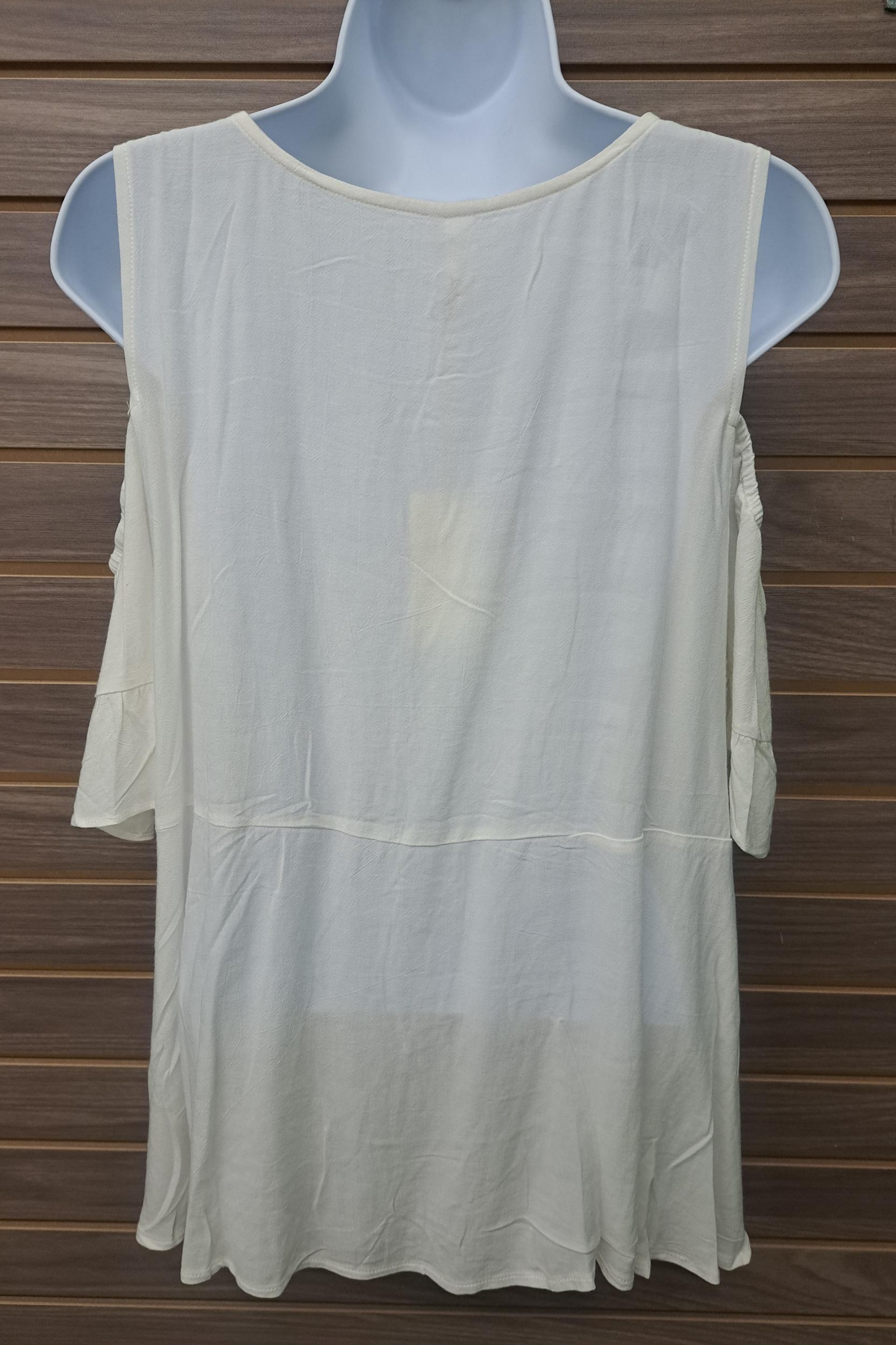 Flowy linen cold shoulder pull over blouse Product Image