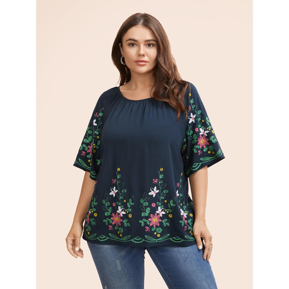 Plus Size Midnight Boho Print Gathered Ruffle Sleeve Blouse Women Elegant Half Sleeve Round Neck Everyday Blouses BloomChic 28/5X Product Image