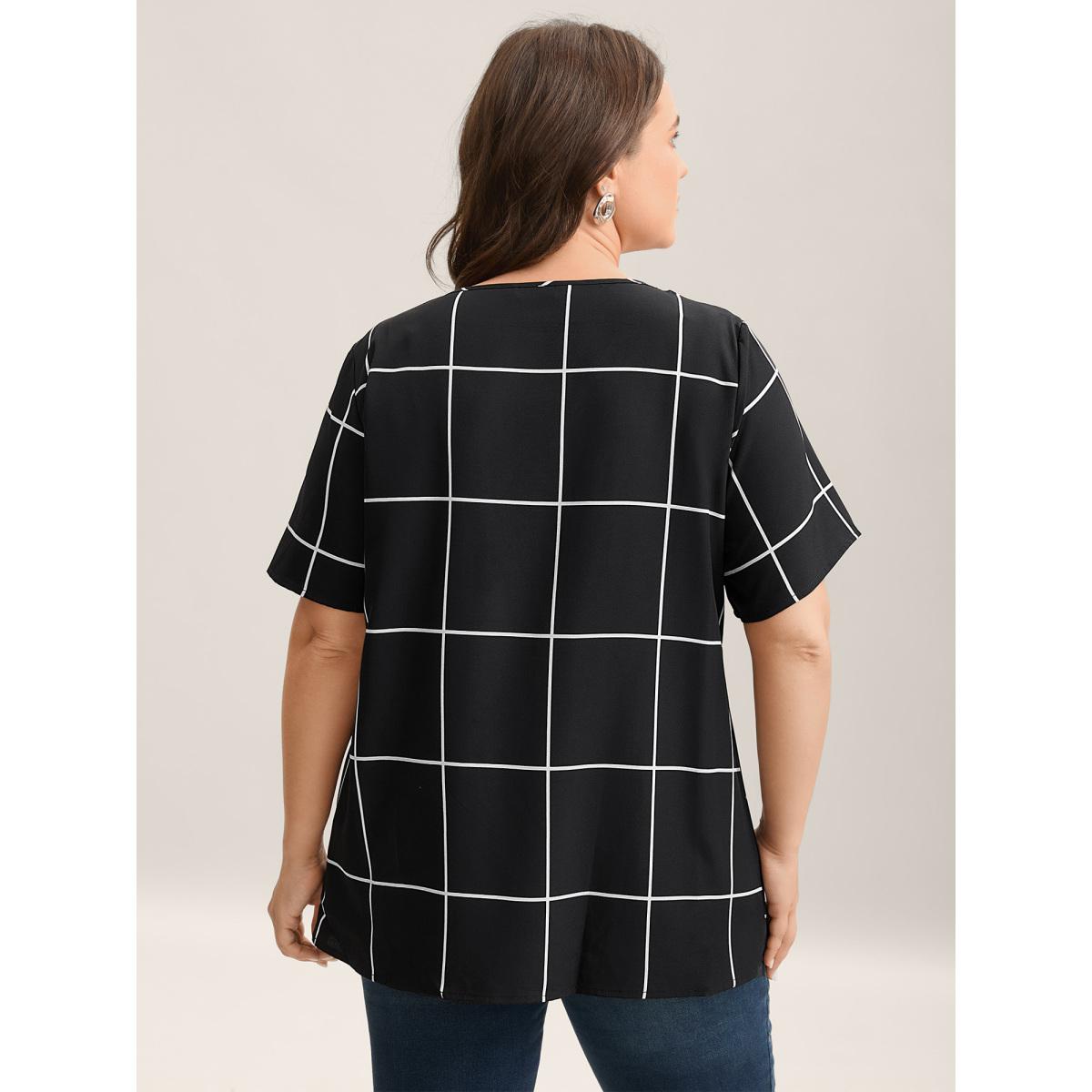 Plus Size Black Plaid Crumpled V-Neck Fitted Shirt Women At the Office Short sleeve Overlap Collar Work Blouses BloomChic 22-24/3X Product Image
