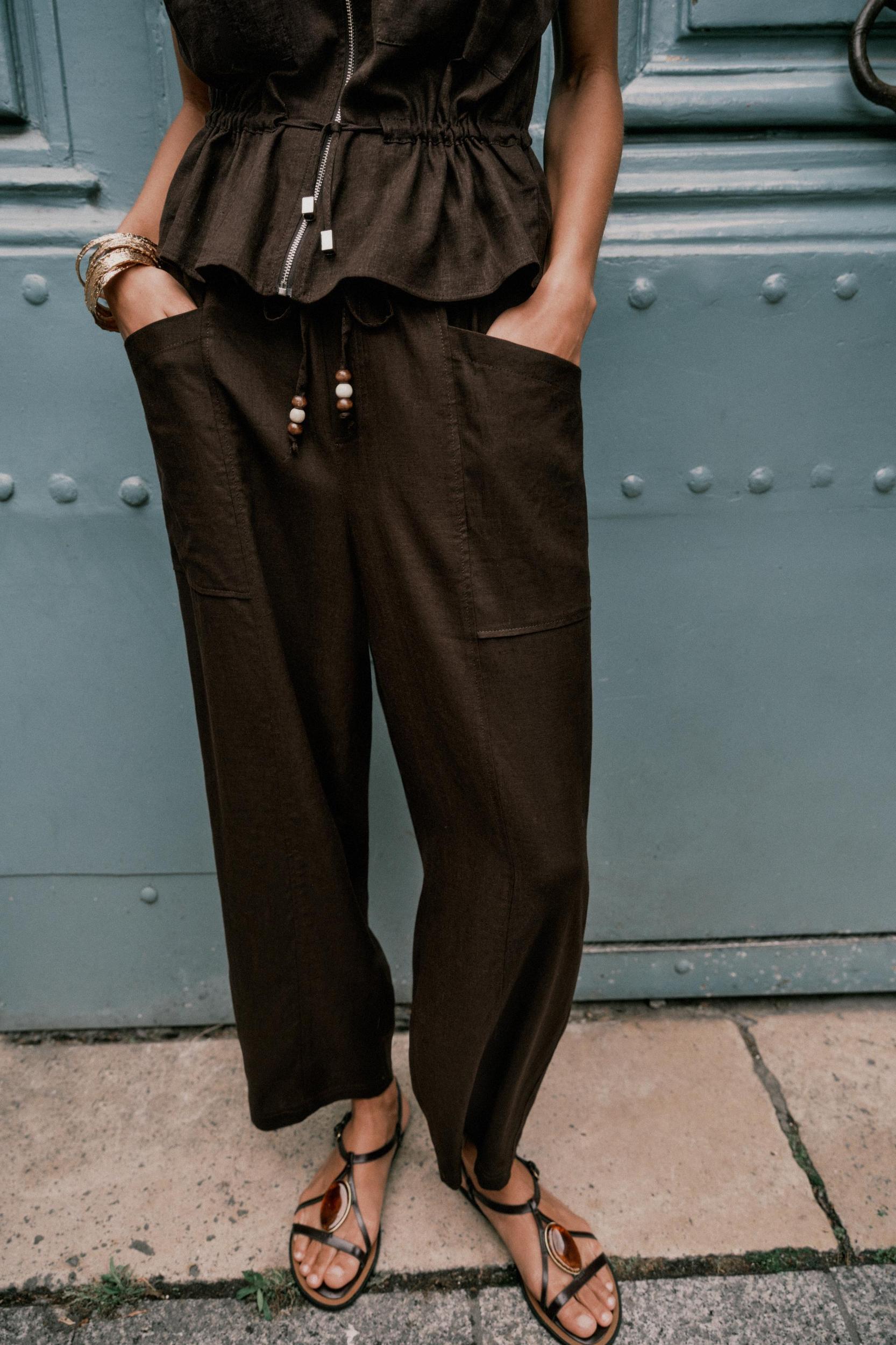 LINEN BEADED DRAWSTRING PANTS Product Image