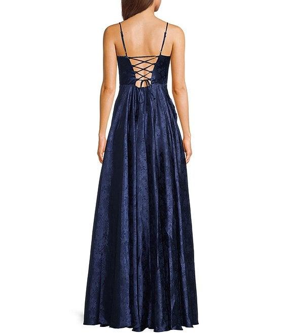 B. Darlin Sleeveless Spaghetti Strap Scoop Neck Back Lace Up Long Dress Product Image