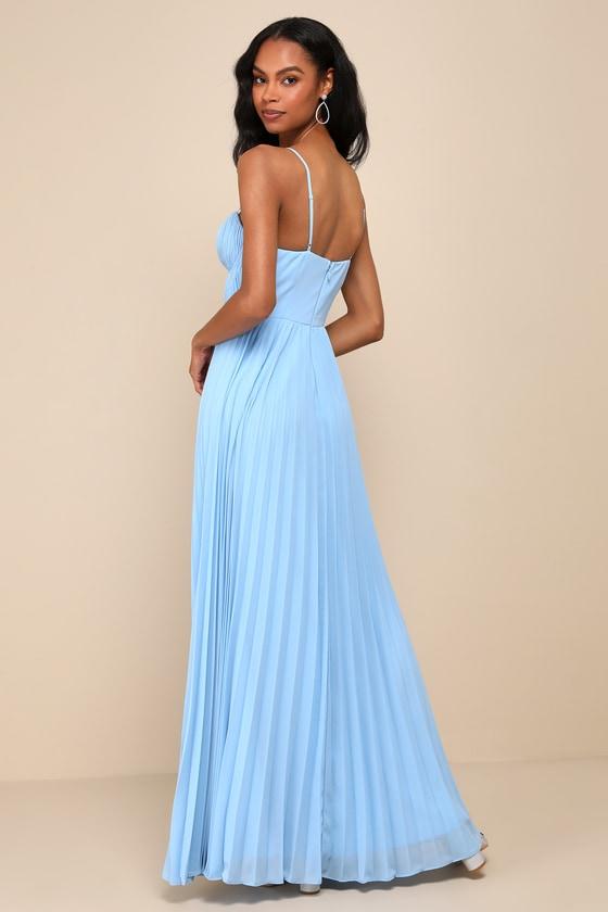 Admirable Elegance Light Blue Pleated Bustier Maxi Dress Product Image