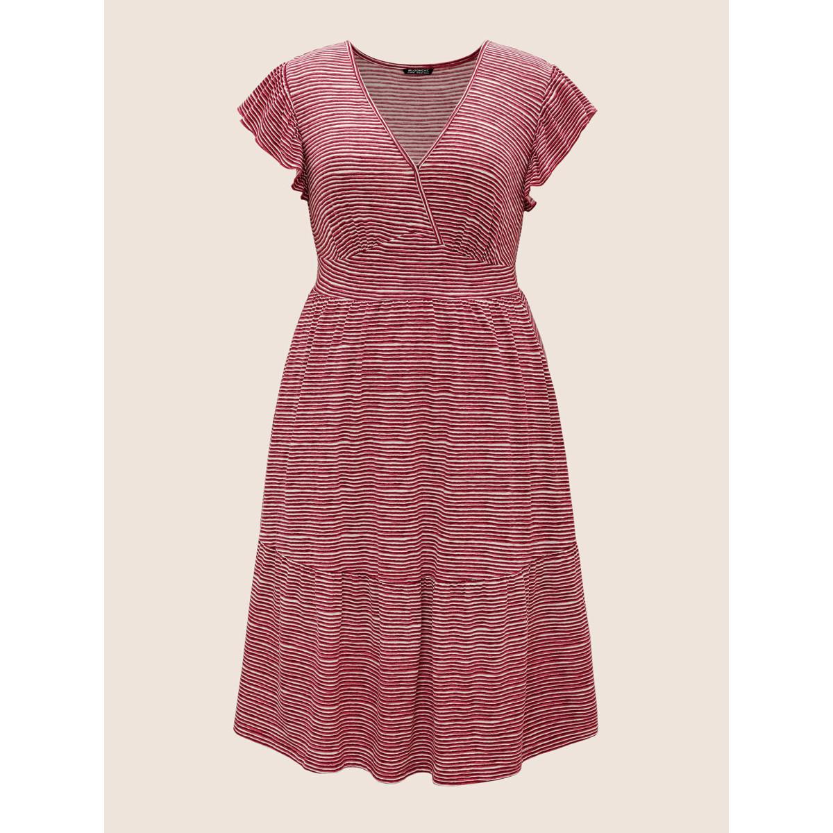 Plus Size Striped Surplice Neck Ruffle Cap Sleeve Dress Russet Women Casual Non Overlap Collar Cap Sleeve Curvy Midi Dress BloomChic 30/6X Product Image