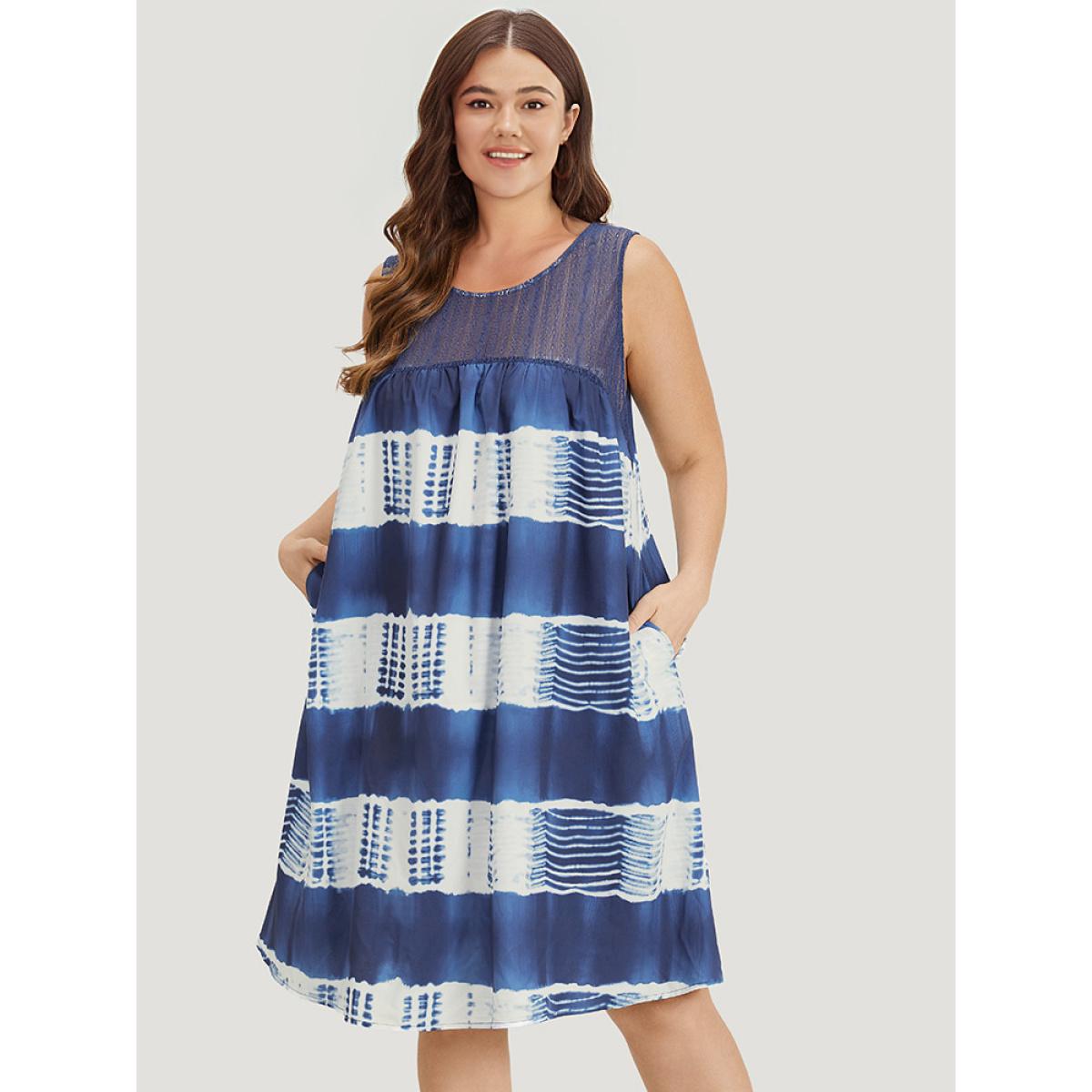 Plus Size Tie Dye Mesh Patchwork Ruffle Hem Tank Dress Indigo Women Vacation Gathered Round Neck Sleeveless Curvy Knee Dress BloomChic 14-16/1X Product Image