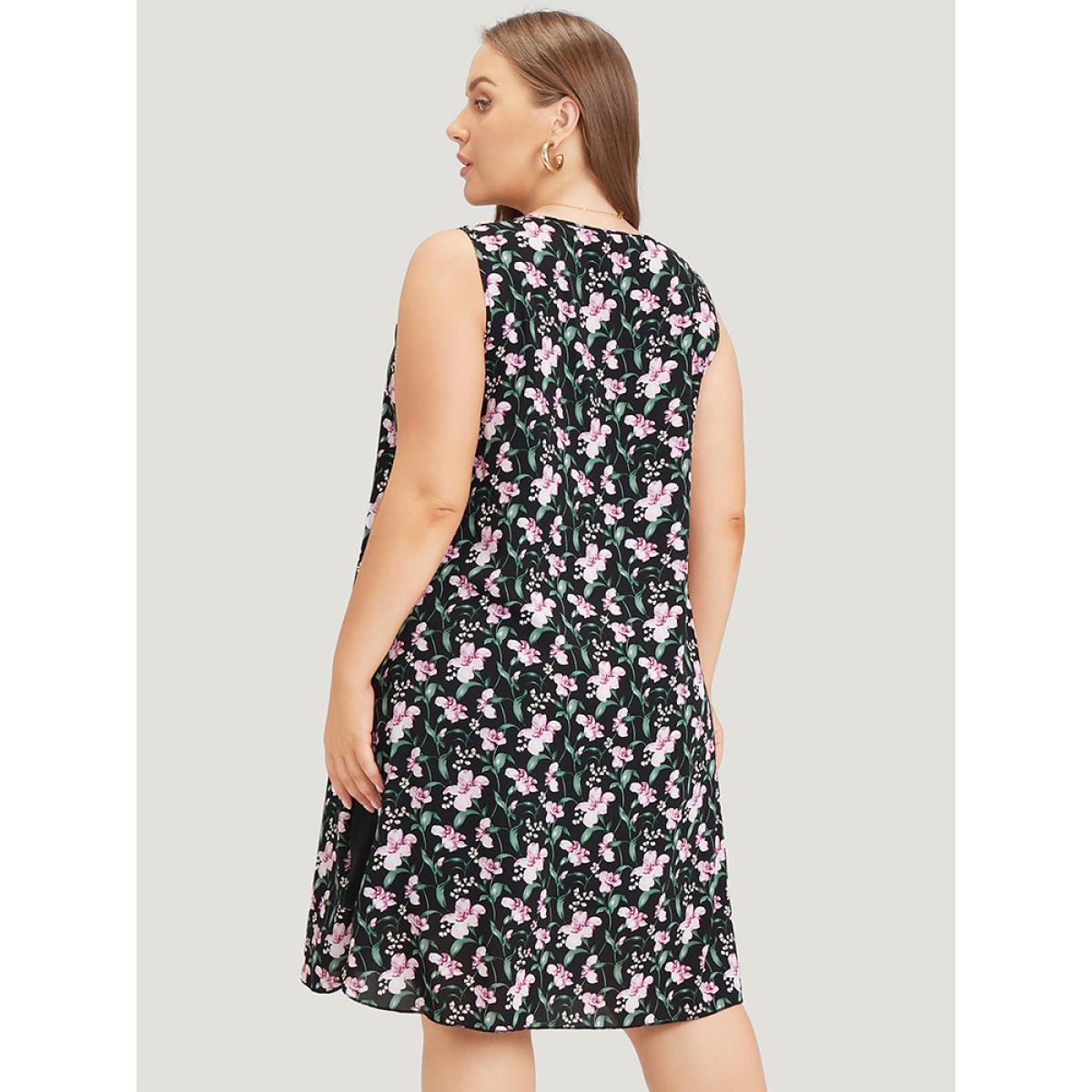 Plus Size Floral Patchwork Round Neck Split Hem Tank Dress BlackFlower Women Elegant Patchwork Round Neck Sleeveless Curvy Knee Dress BloomChic 14-16/1X Product Image