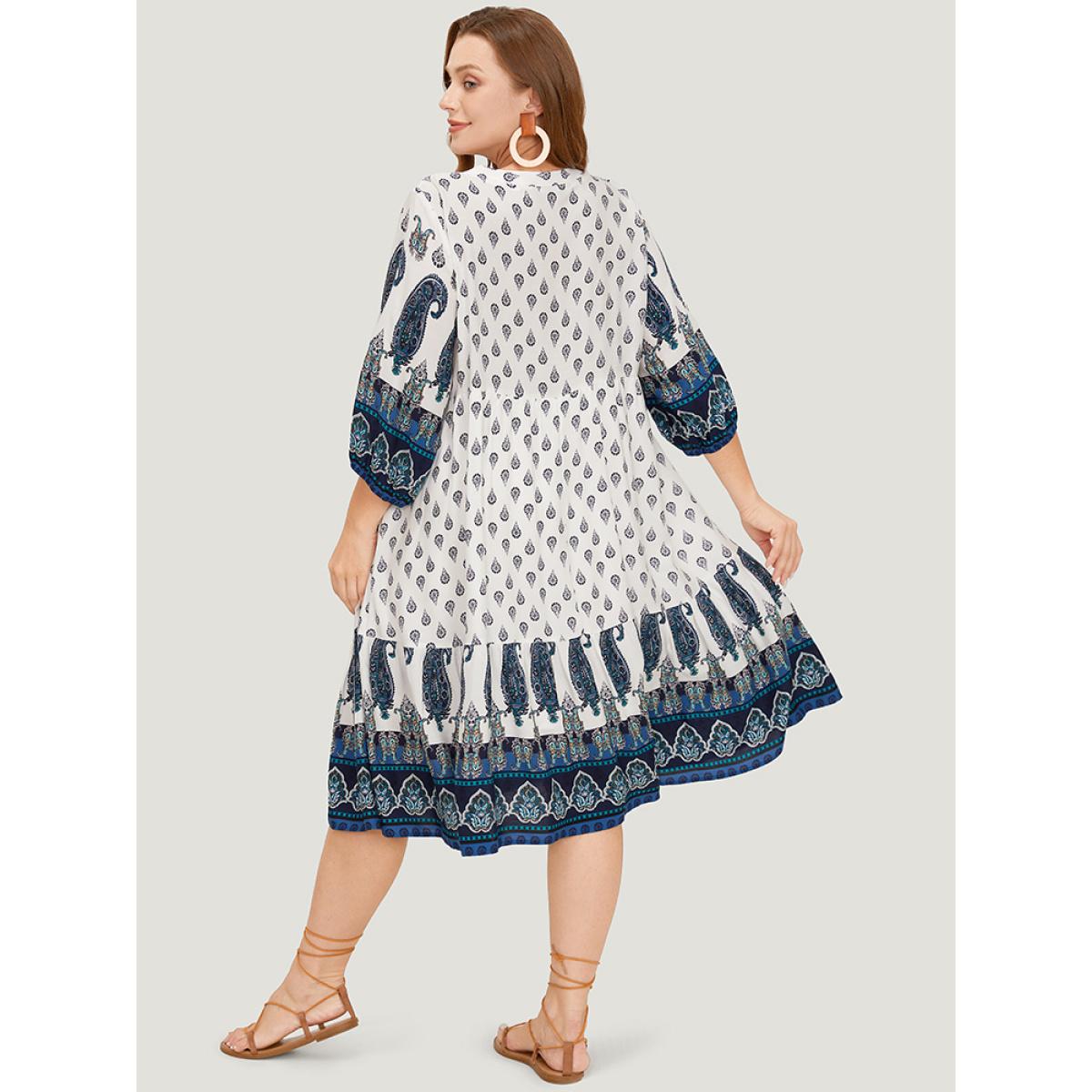 Plus Size Bandana Print Ruffles Lantern Sleeve Pocket Tassels Tie Neck Dress White Women Vacation Tassels Tie Neck Elbow-length sleeve Curvy Midi Dress BloomChic 26/4X Product Image