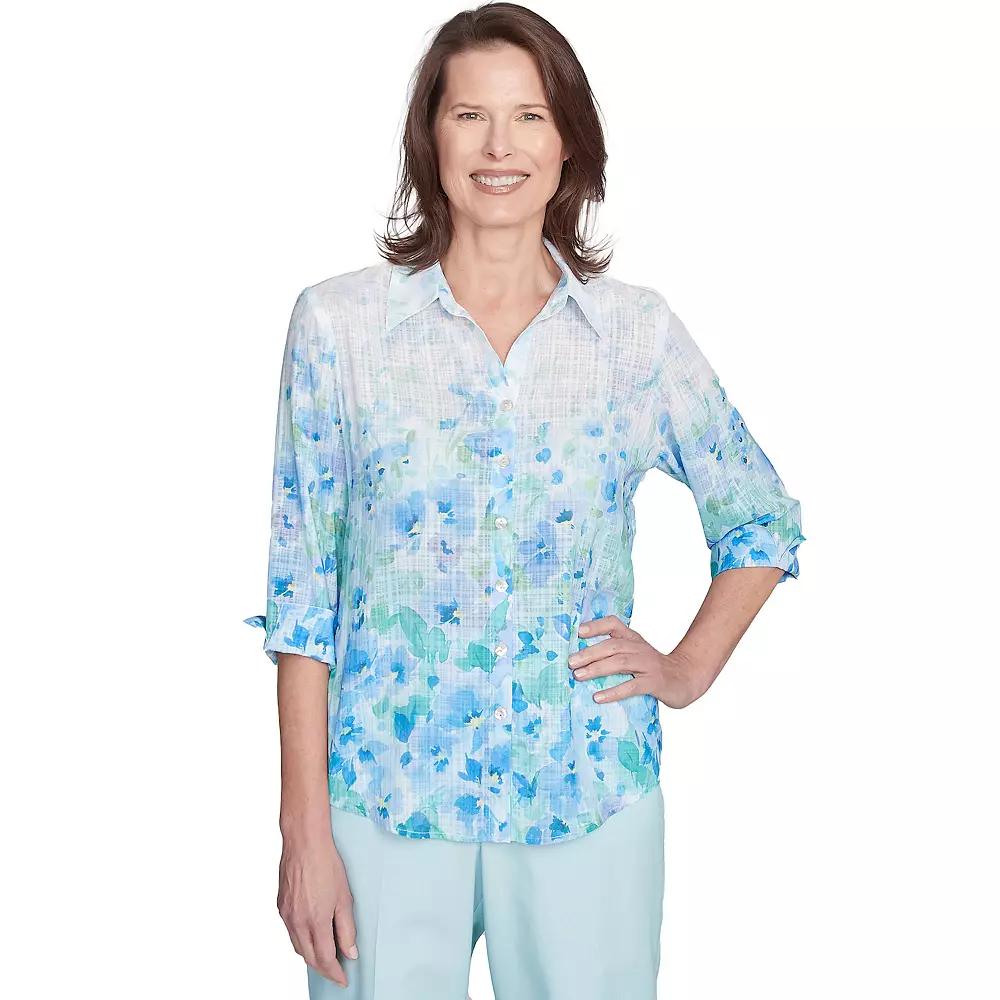Petite Alfred Dunner Border Floral Button Down Top, Women's, Size: Large Petite, Blue Team Product Image