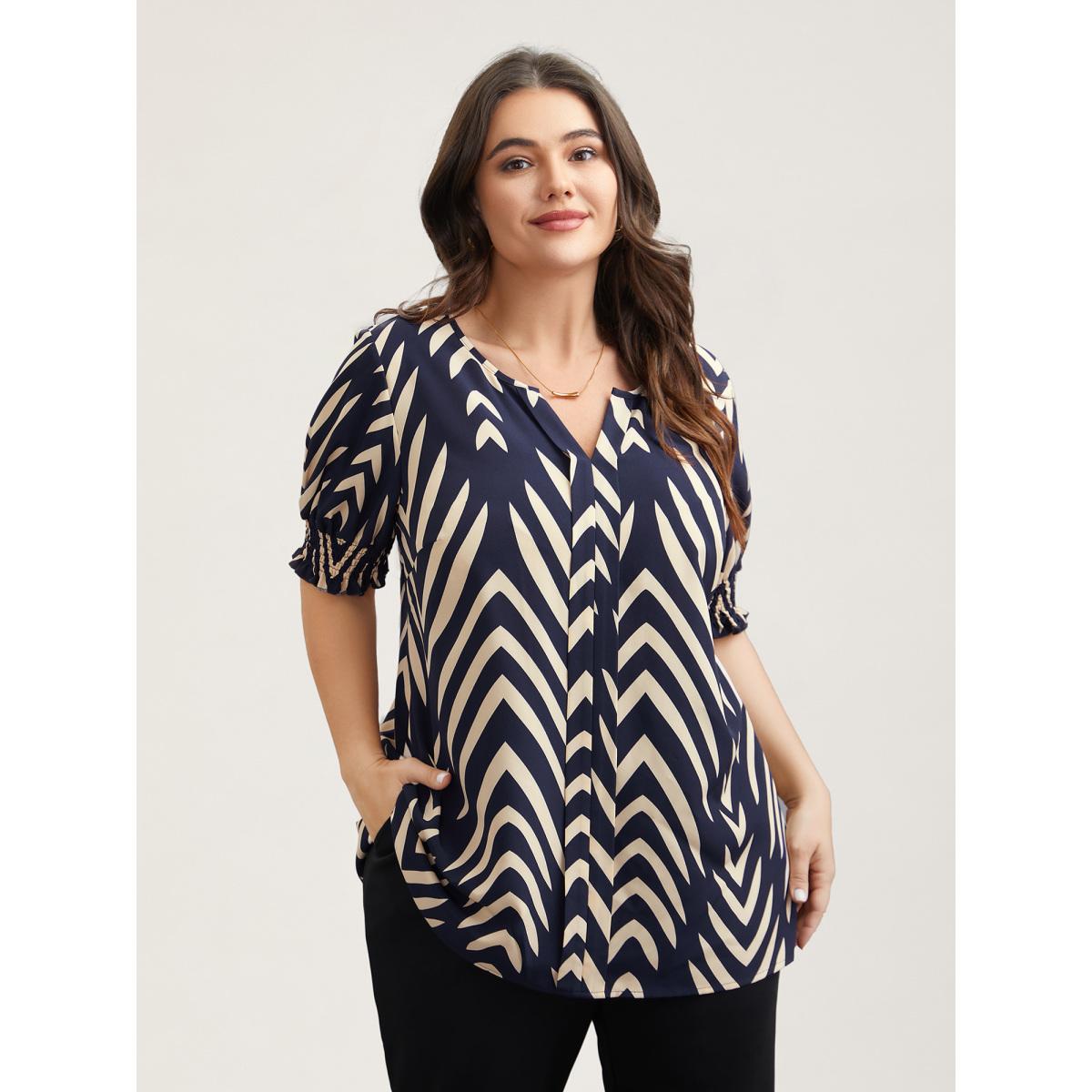 Plus Size Black Geometric Print Ruffled Shirred Shirt Women Office Half Sleeve Flat collar with V-notch Office Blouses BloomChic 26/4X Product Image