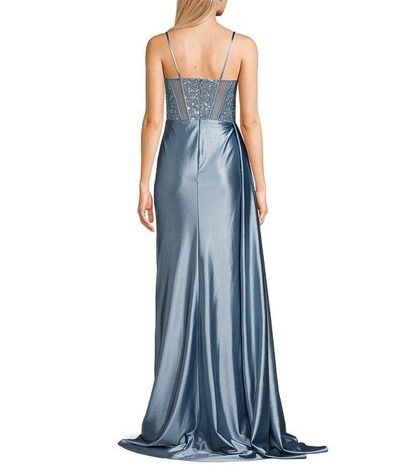 Jovani Sweetheart Neck Spaghetti Strap Corset Glitter Mesh Bodice Side Slit Gown Product Image