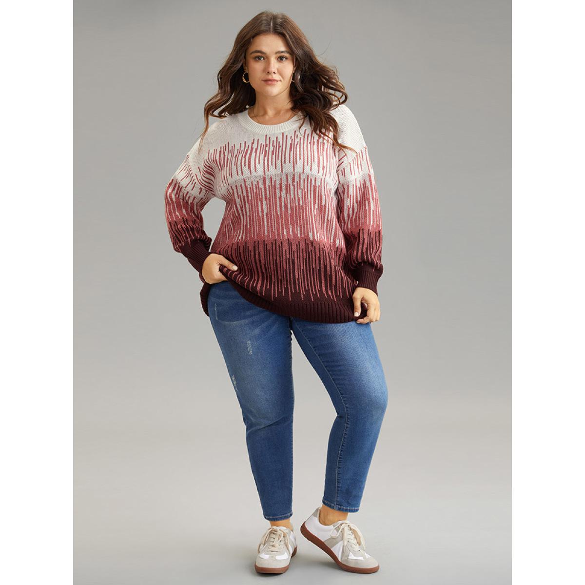 Plus Size Geometric Colorblock Crew Neck Pullover Burgundy Women Casual Loose Long Sleeve Round Neck Dailywear Pullovers BloomChic 10/M Product Image