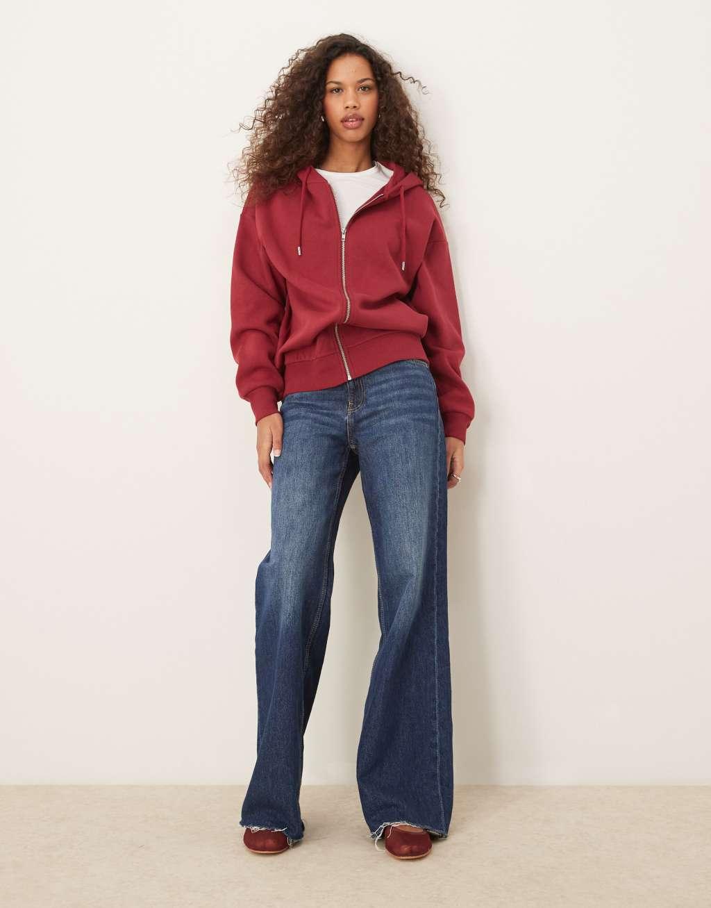GINA TRICOT zip up oversized hoodie in burgundy Product Image