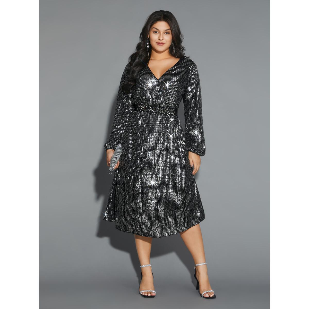 Plus Size Solid Pocket Lantern Sleeve Wrap Sequin Dress Silver Women Party Pocket Overlap Collar Long Sleeve Curvy Midi Dress BloomChic 18-20/2X Product Image