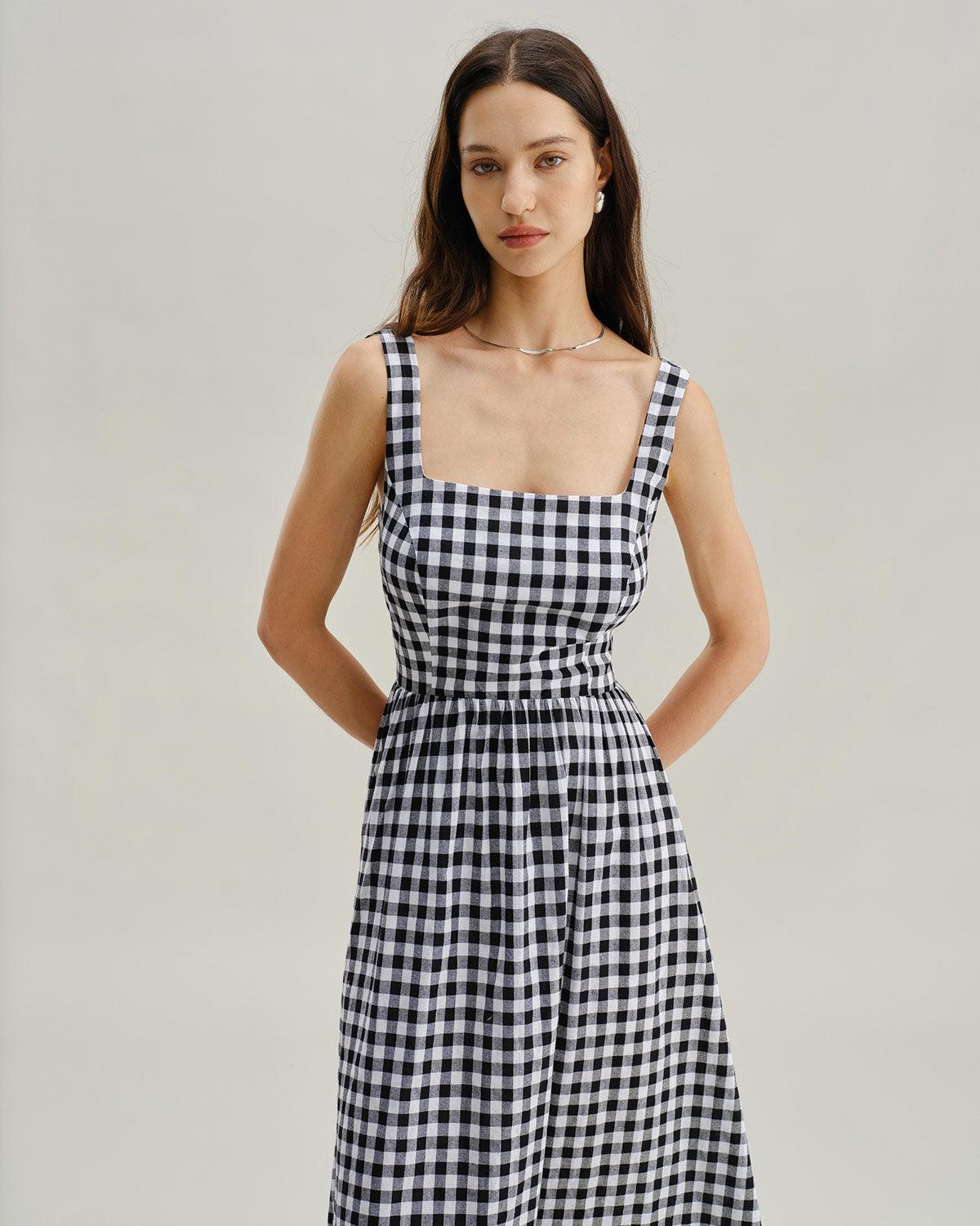 Black Plaid Square Neck Pocket Slip Maxi Dress Product Image