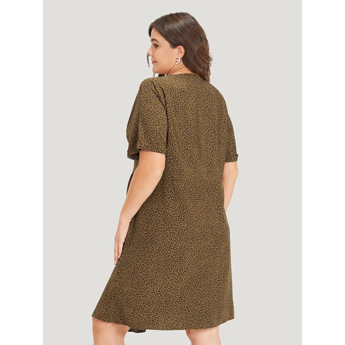 Plus Size Leopard Print V Neck Button Detail Dolman Sleeve Dress Bronze Women Elegant Button V-neck Short sleeve Curvy Knee Dress BloomChic 14-16/1X Product Image