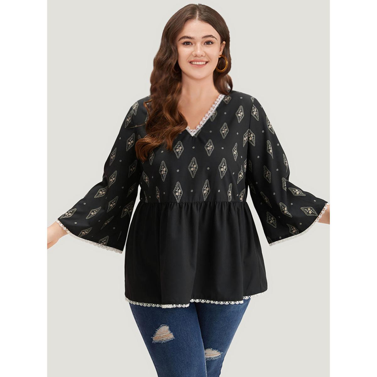 Plus Size Black Boho Print Guipure Lace V Neck Bell Sleeve Blouse Women Vacation Elbow-length sleeve V-neck Dailywear Blouses BloomChic 26/4X Product Image