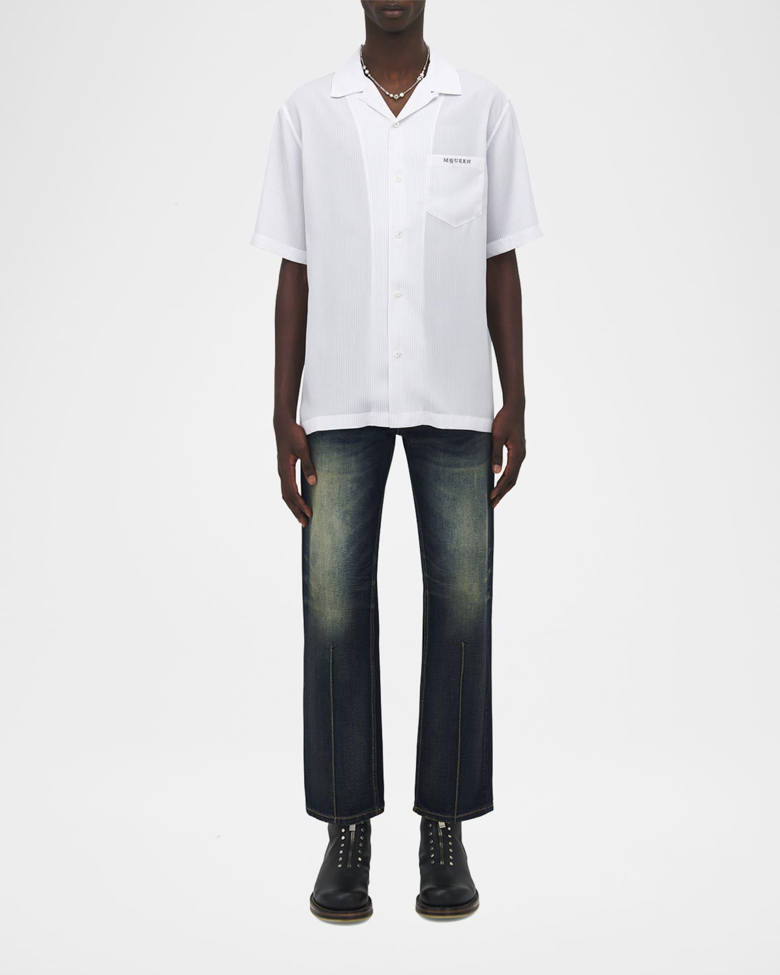 Men's Pinstripe Short-Sleeve Logo Pocket Camp Shirt Product Image