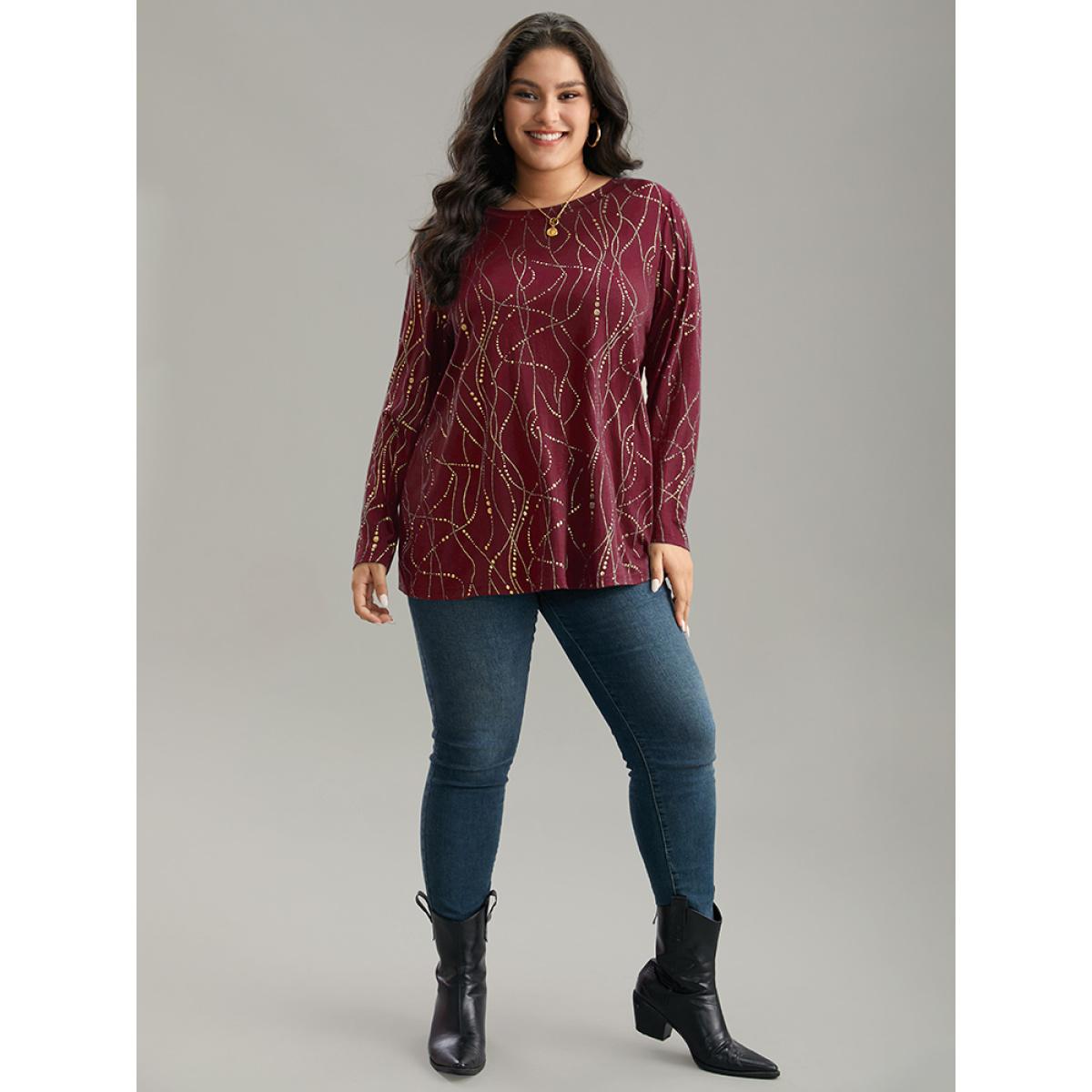 Plus Size Polka Dot Contrast Round Neck T-shirt Burgundy Women Leisure Contrast Polka Dot Round Neck Casual T-shirts BloomChic 10/M Product Image