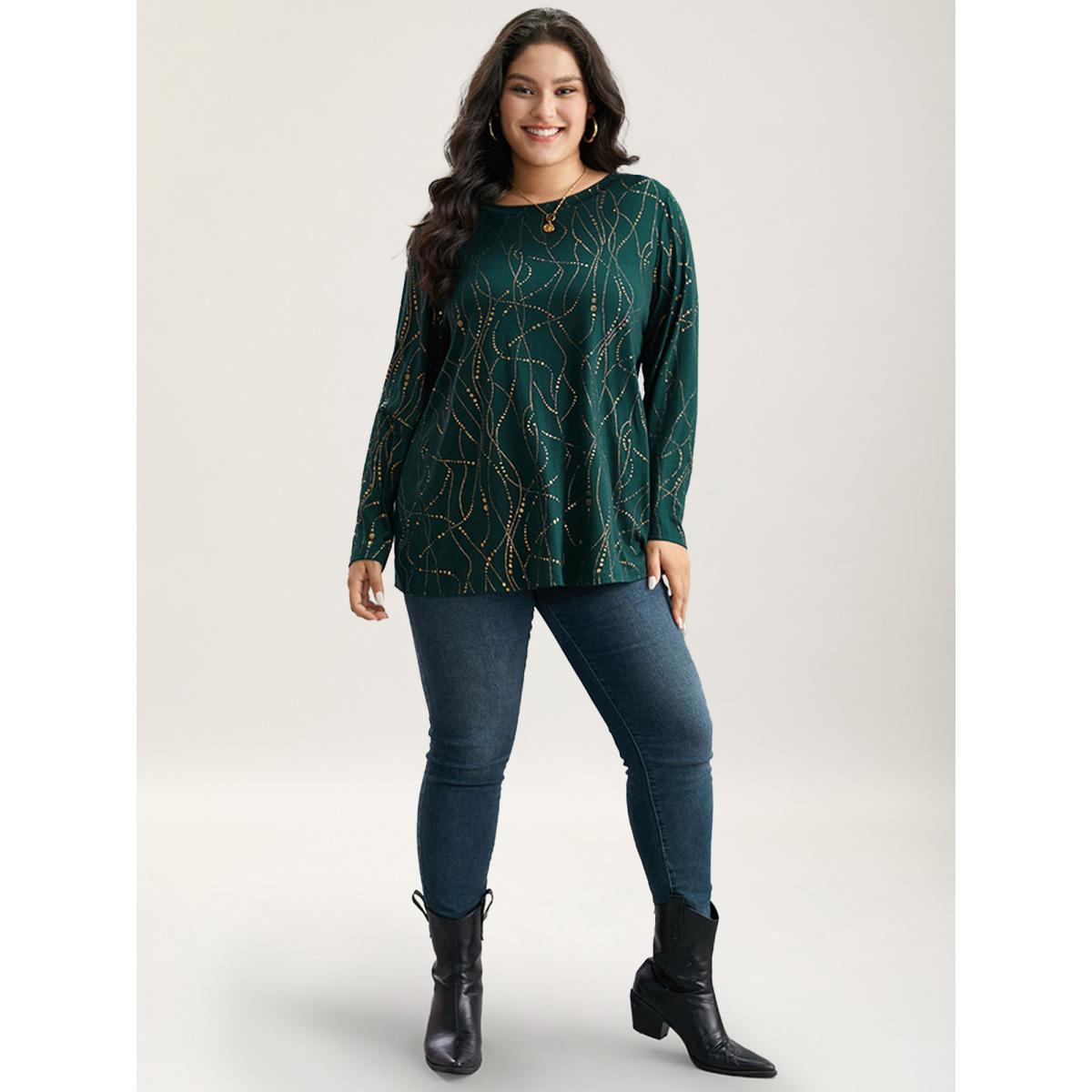 Plus Size Polka Dot Contrast Round Neck T-shirt DarkGreen Women Leisure Contrast Polka Dot Round Neck Casual T-shirts BloomChic 18-20/2X Product Image