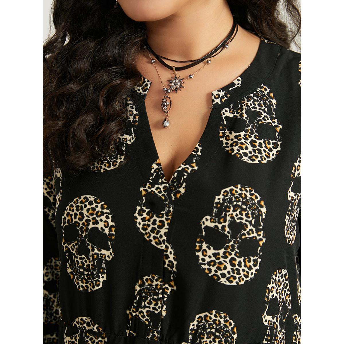 Plus Size Halloween Skull Print Notched Flutter Dress Black Women Office Gathered Notched collar Elbow-length sleeve Curvy Midi Dress BloomChic 14-16/1X Product Image