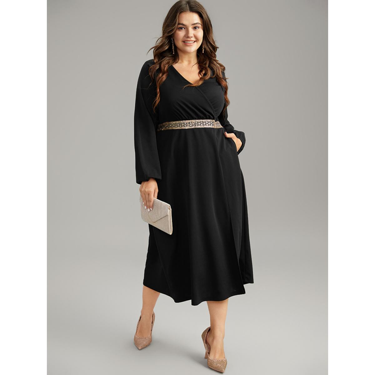 Plus Size Contrast Webbing Wrap Pocket Split Hem Dress Black Women Glamour Elastic cuffs V-neck Long Sleeve Curvy Midi Dress BloomChic 18-20/2X Product Image