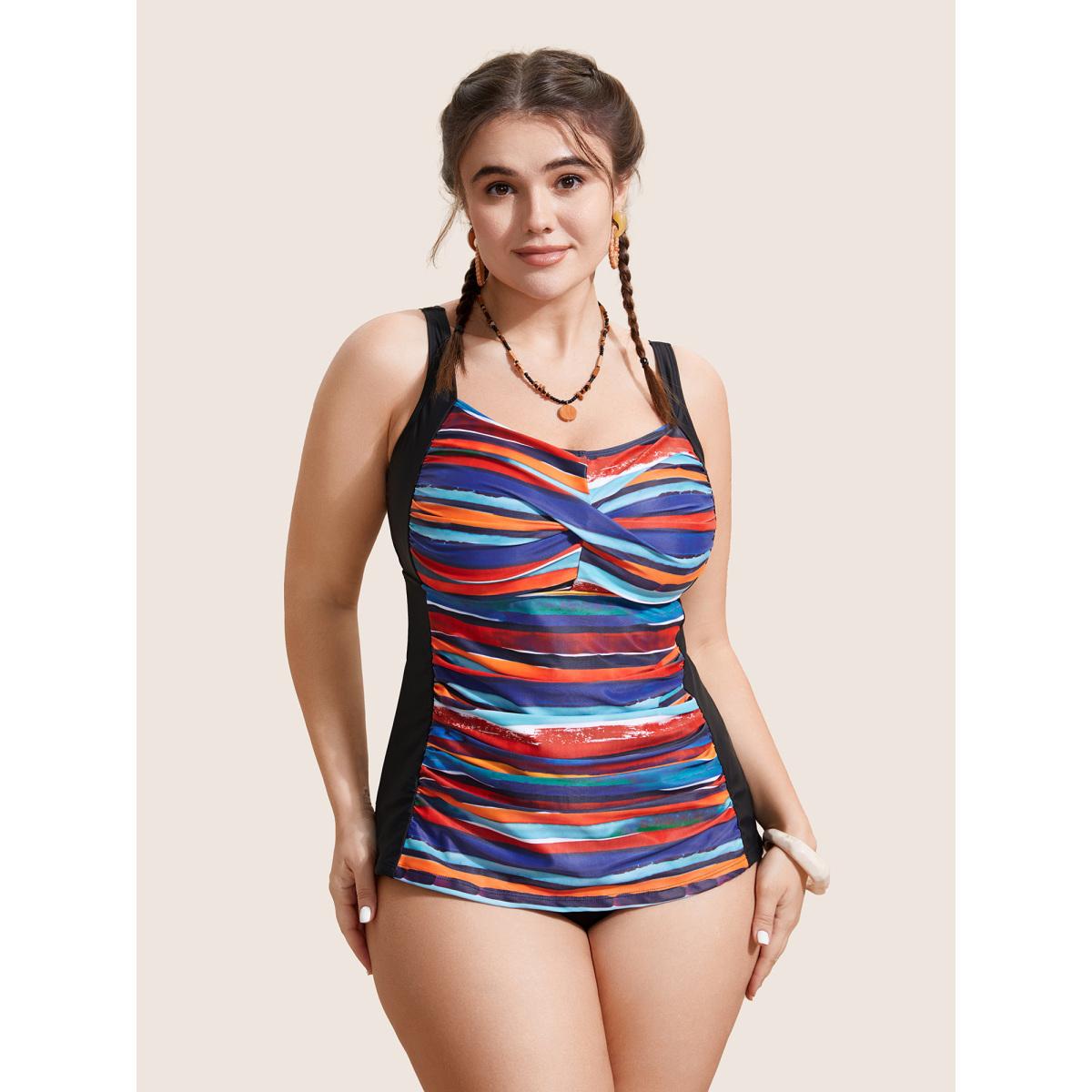 Plus Size Colored Striped Gathered Twist Front Swim Top Women's Swimwear Multicolor Beach Twist High stretch Skinny Heart neckline Curve Swim Tops BloomChic 14-16/1X Product Image