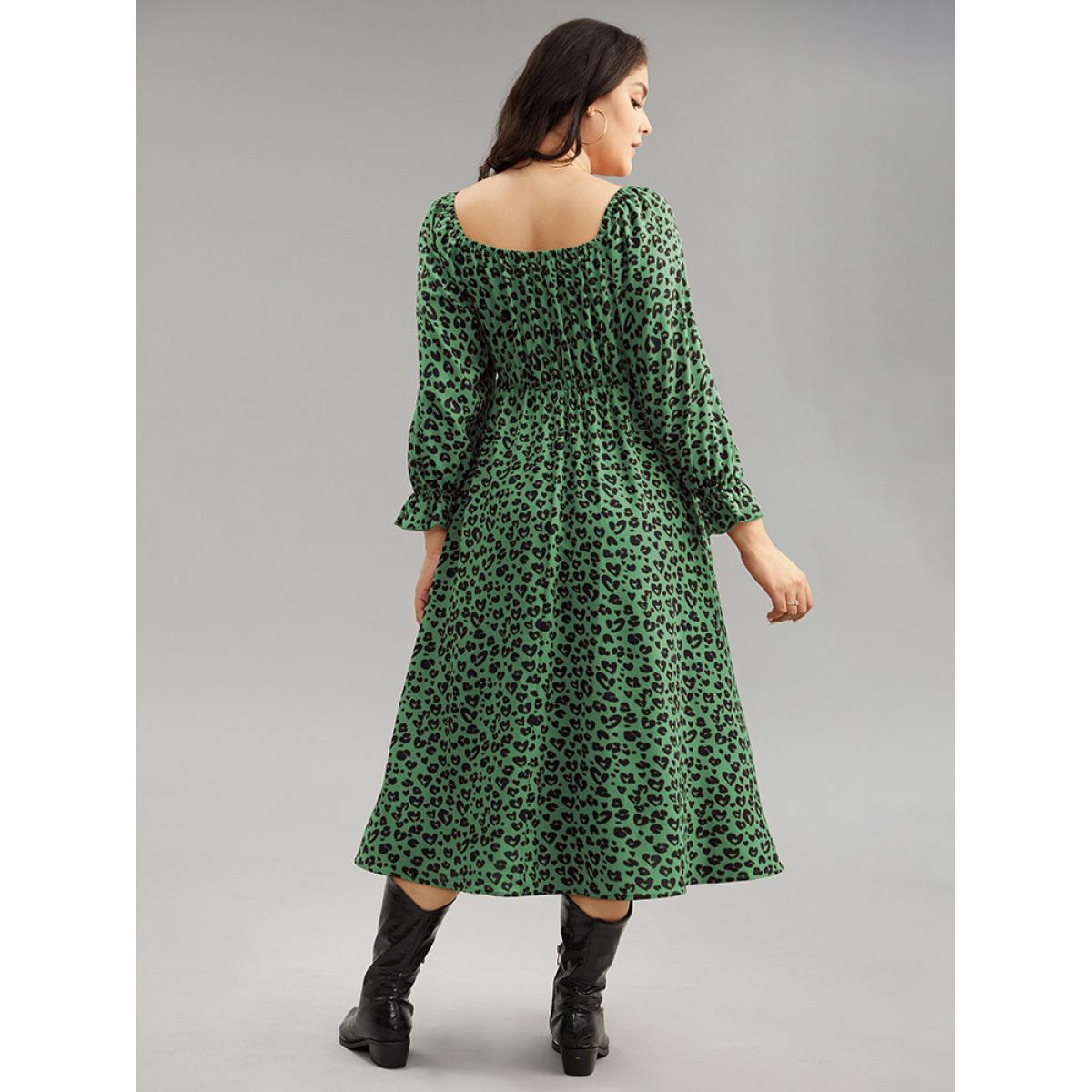 Plus Size Leopard Print Shirred Square Neck Pocket Dress DarkGreen Women Casual Printed Square Neck Long Sleeve Curvy Midi Dress BloomChic 12/L Product Image