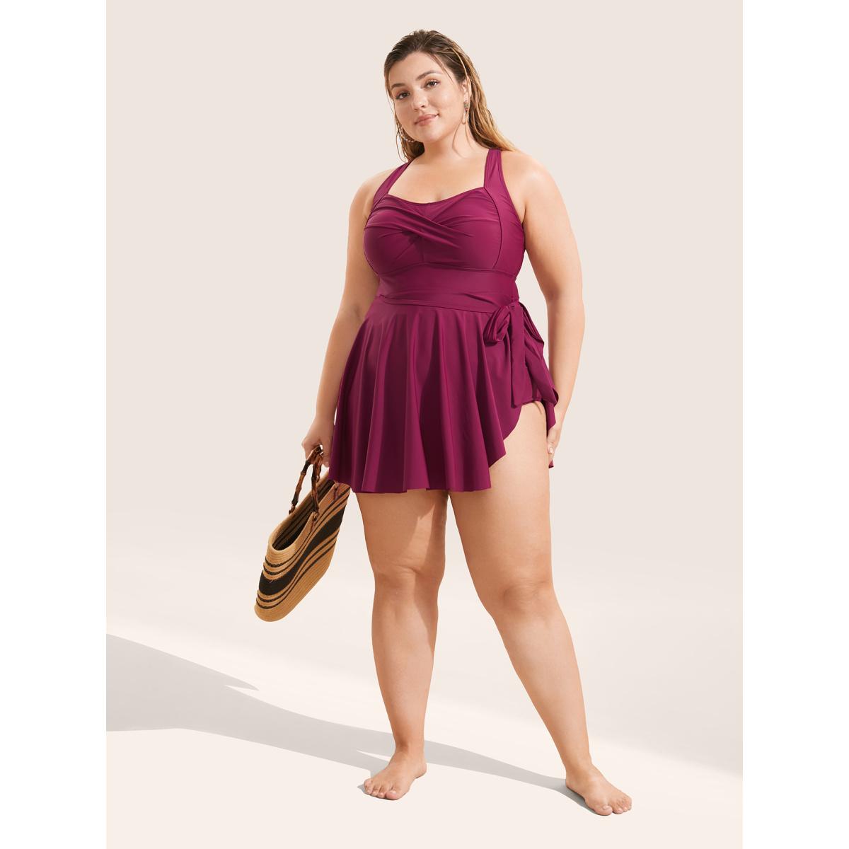 Plus Size Plain Crossover Knotted Asymmetrical Hem Swim Dress Women's Swimwear RedViolet Beach Bodycon Heart neckline High stretch Curve Swim Dresses BloomChic 22-24/3X Product Image