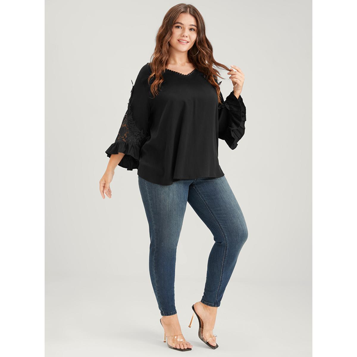 Plus Size Black Solid Lace Flounce Sleeve V Neck Blouse Women Elegant Long Sleeve V-neck Dailywear Blouses BloomChic 22-24/3X Product Image