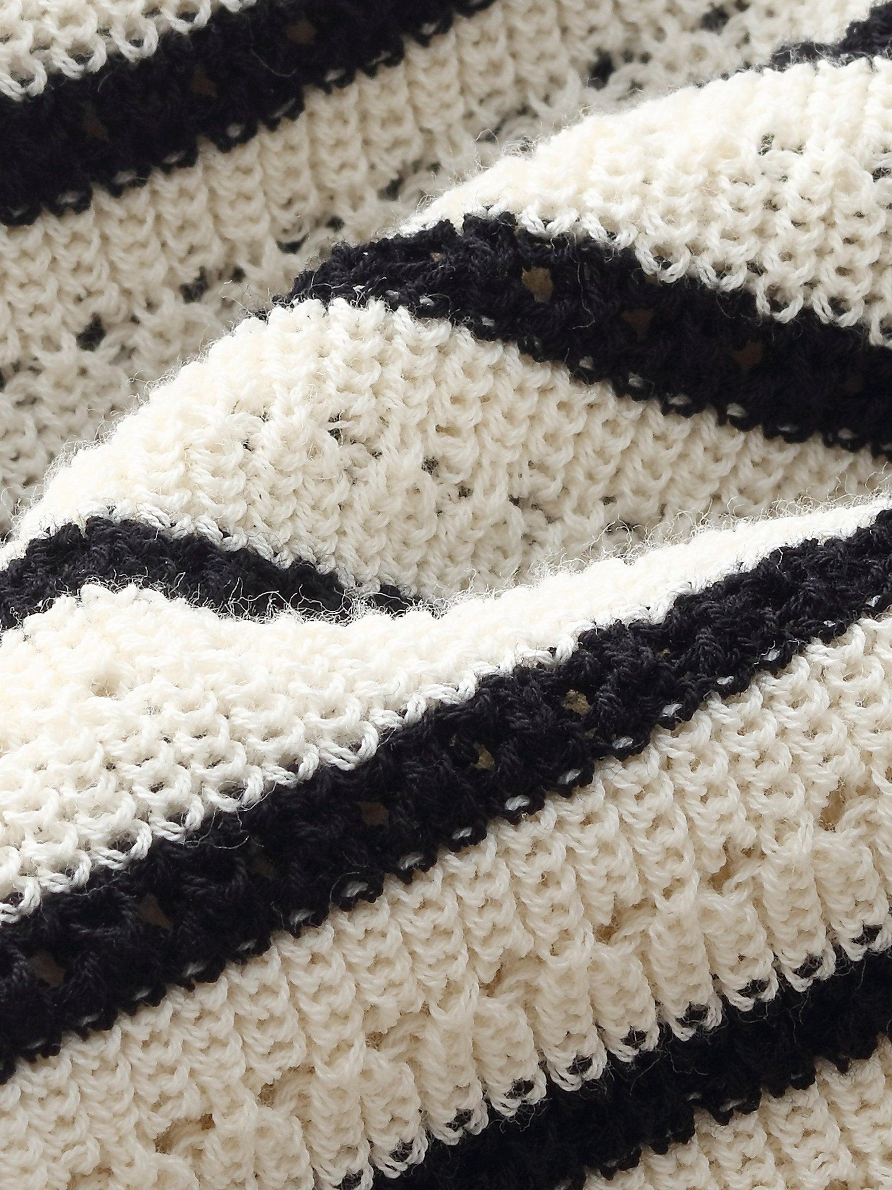 100% Cotton Stripe Women Openwork Knit T-Shirt Product Image