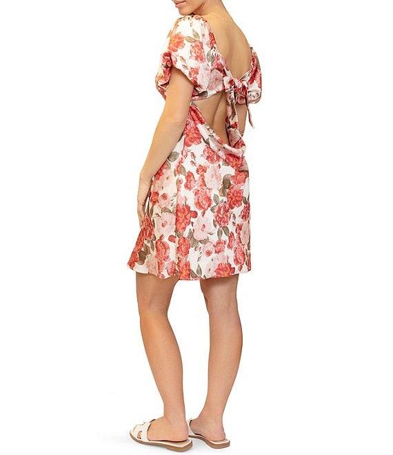Stevie By Steve Madden Satin Floral Print Twist Front Puff Sleeve Open Tie Back Dress Product Image