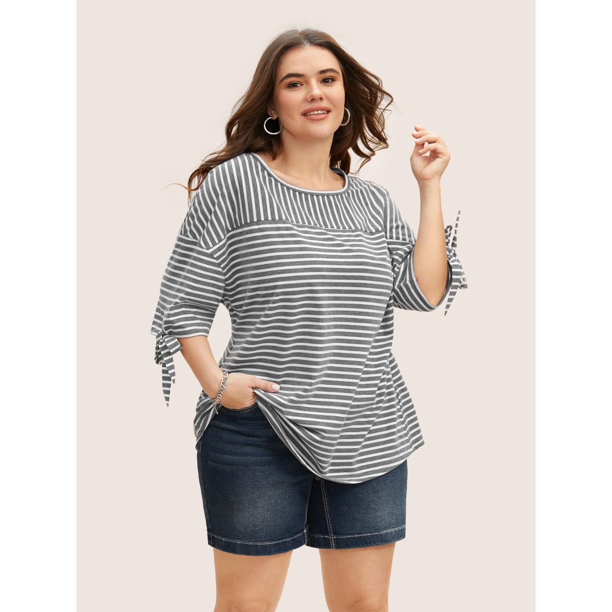 Plus Size Striped Boat Neck Tie Knot T-shirt DimGray Women Leisure Tie knot Boat Neck Casual T-shirts BloomChic 14-16/1X Product Image