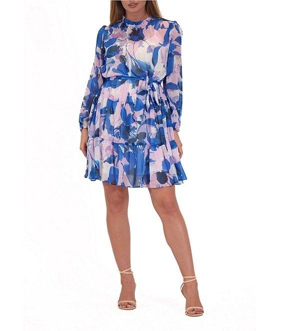 Julia Jordan Chiffon Floral Print Mock Neck Long Sleeve Waist Tie Belt Tiered A-Line Dress Product Image