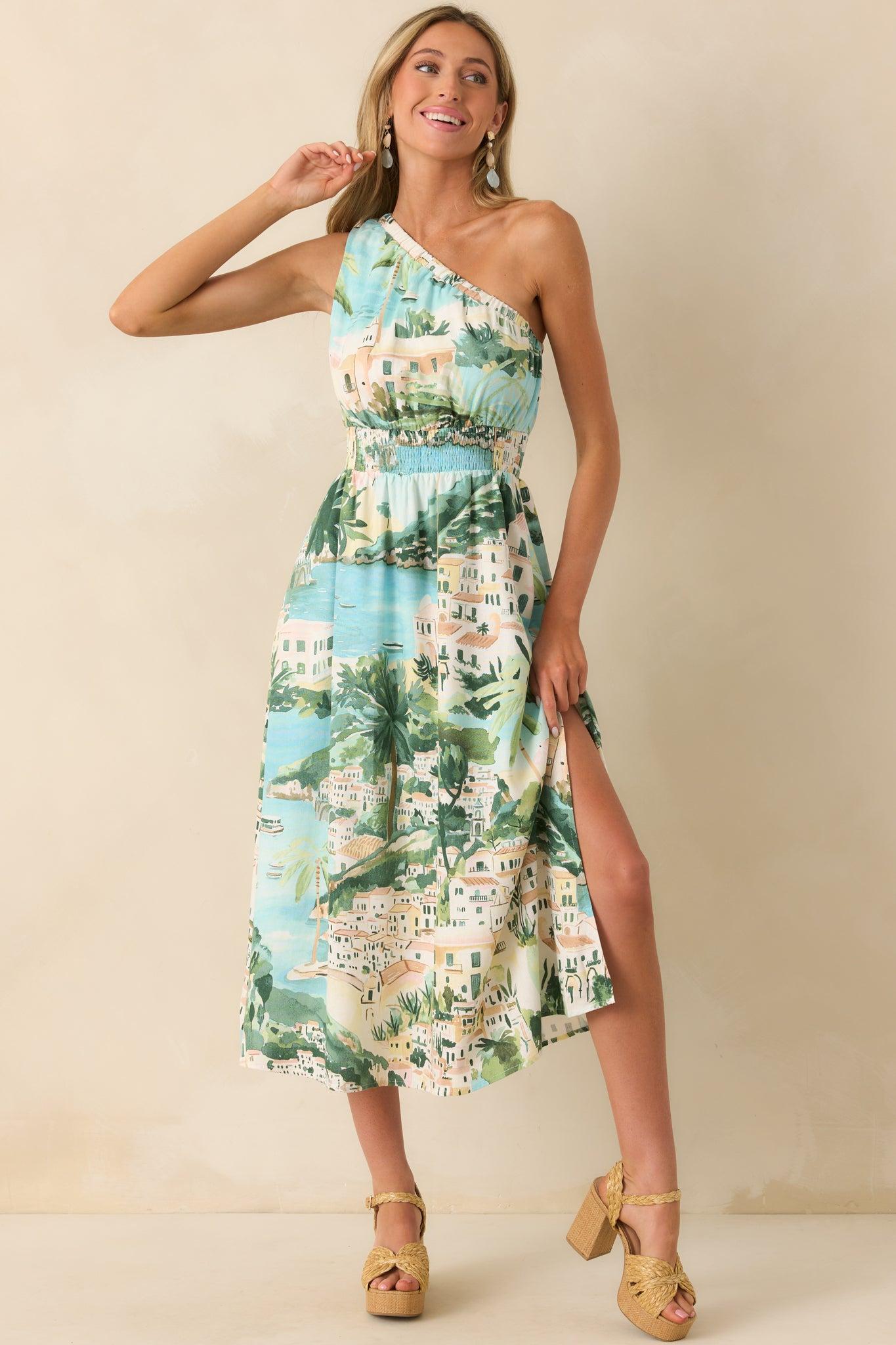 Made My Day Blue Multi Shoreline Print One Shoulder Midi Dress Product Image