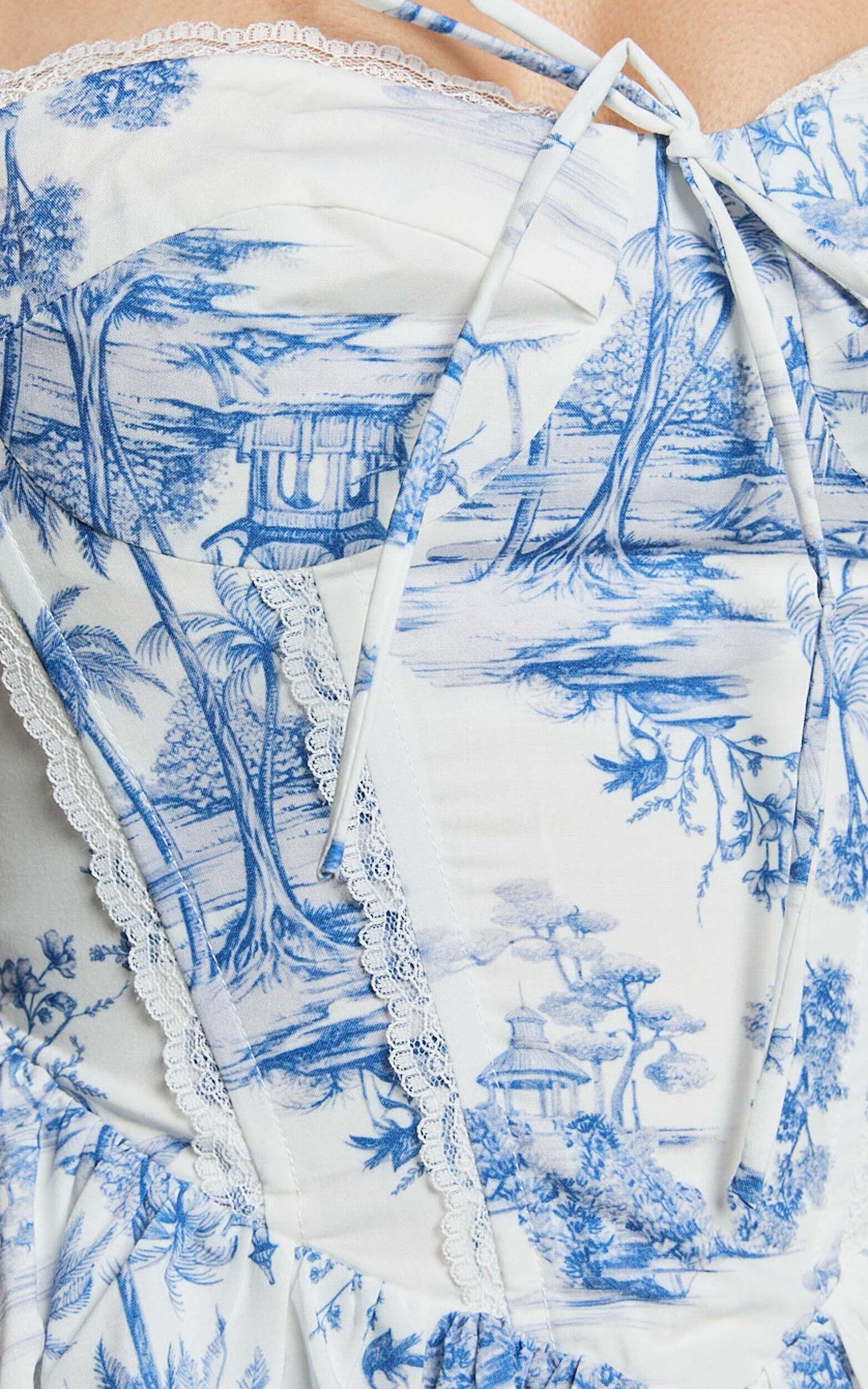 Idris Mini Dress - Lace Trim Corset Lace Up Back Dress in Toile De Jouy Print Product Image