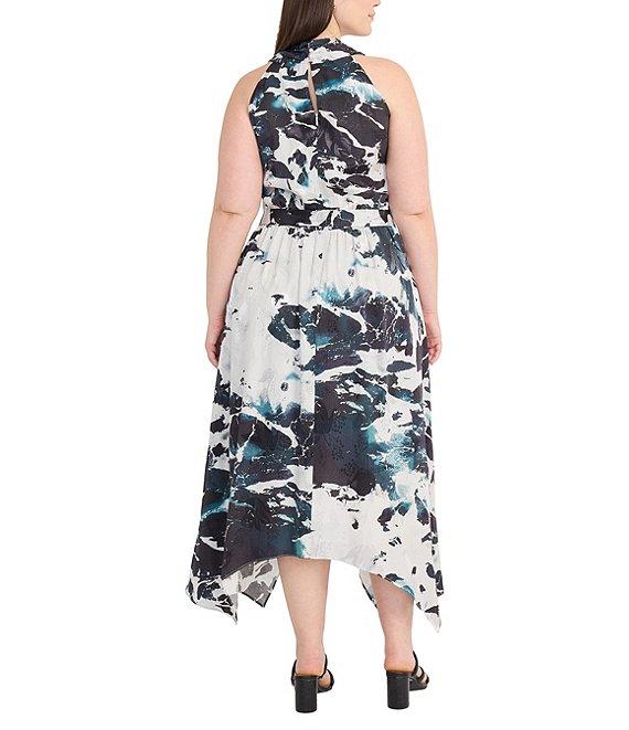 Maggy London Plus Size Handkerchief Hem Printed Midi Dress Product Image