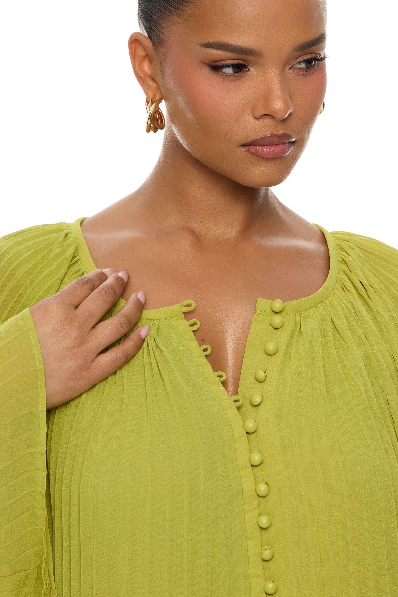 Aviana Pleated Maxi Dress - Chartreuse Female Product Image