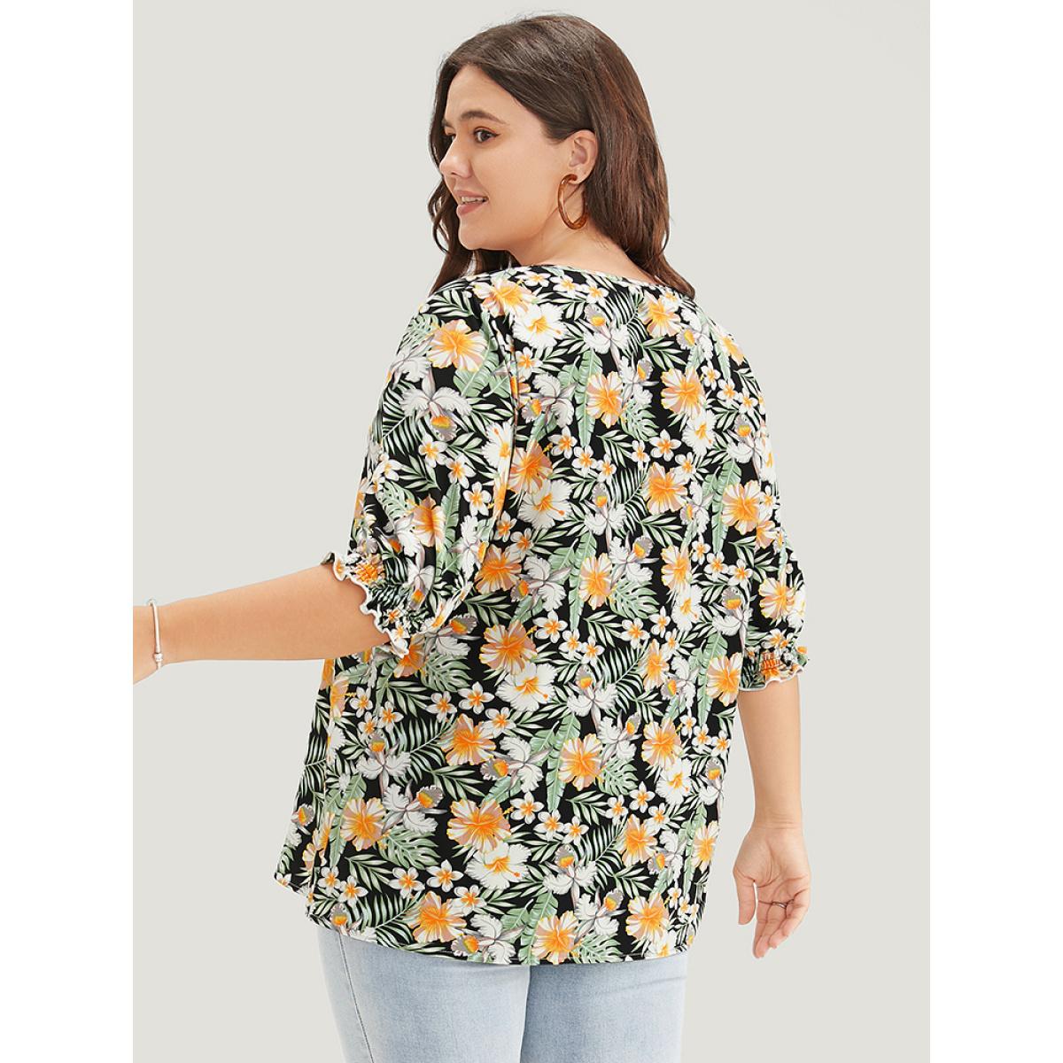 Plus Size BlackFlower Tropical Print Puff Sleeve Ruffles Trim Square Neck Blouse Women Vacation Elbow-length sleeve Square Neck Dailywear Blouses BloomChic 26/4X Product Image