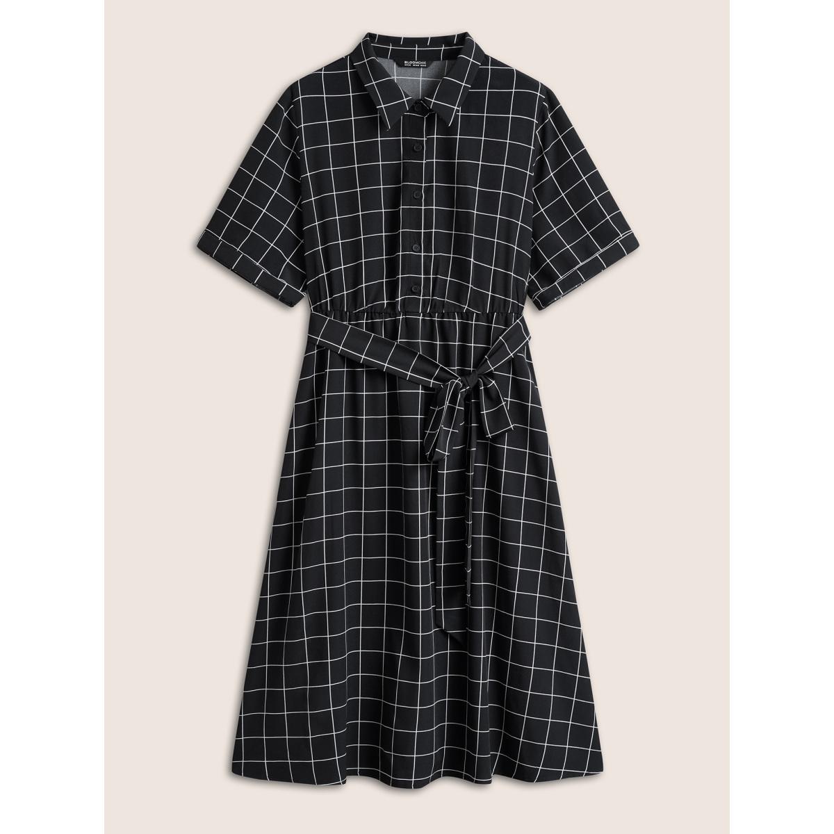 Plus Size Plaid Belted Shirt Collar Cuffed Sleeve Dress Black Women At the Office Non Shirt collar Short sleeve Curvy Midi Dress BloomChic 12/L Product Image