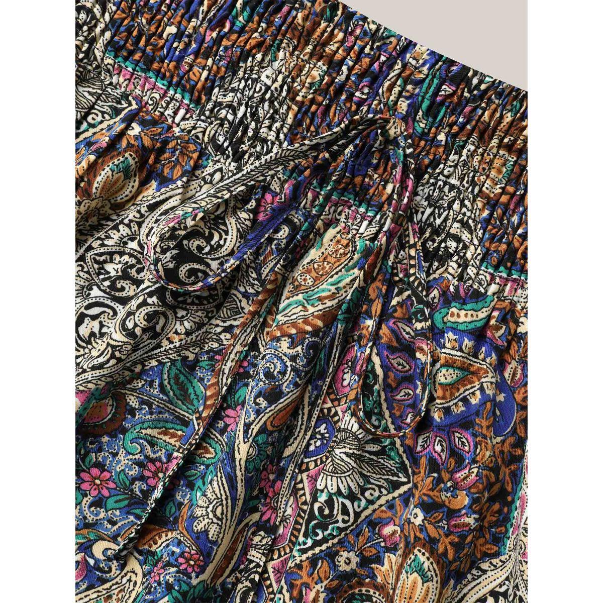 Plus Size Boho Print Shirred Waist Midi Skirt Women Multicolor Boho Tie knot Loose No stretch Side seam pocket Vacation Skirts BloomChic 18-20/2X Product Image