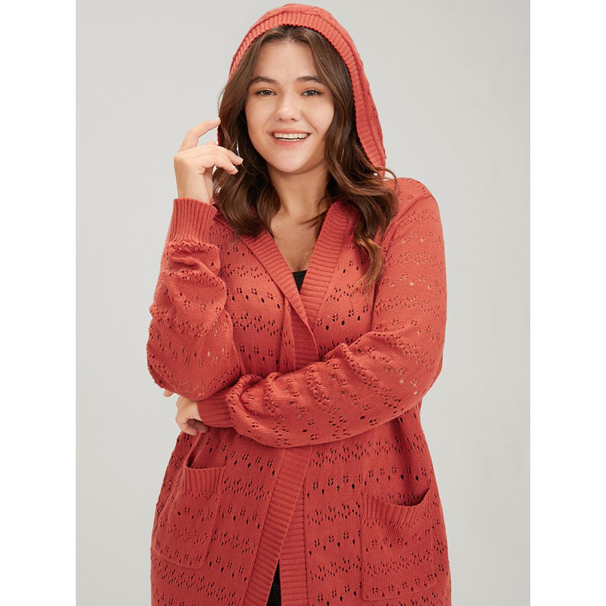 Plus Size Plain Pointelle Knit Pocket Crochet Open Front Hooded Cardigan OrangeRed Women Elegant Loose Long Sleeve Dailywear Cardigans BloomChic 28/5X Product Image