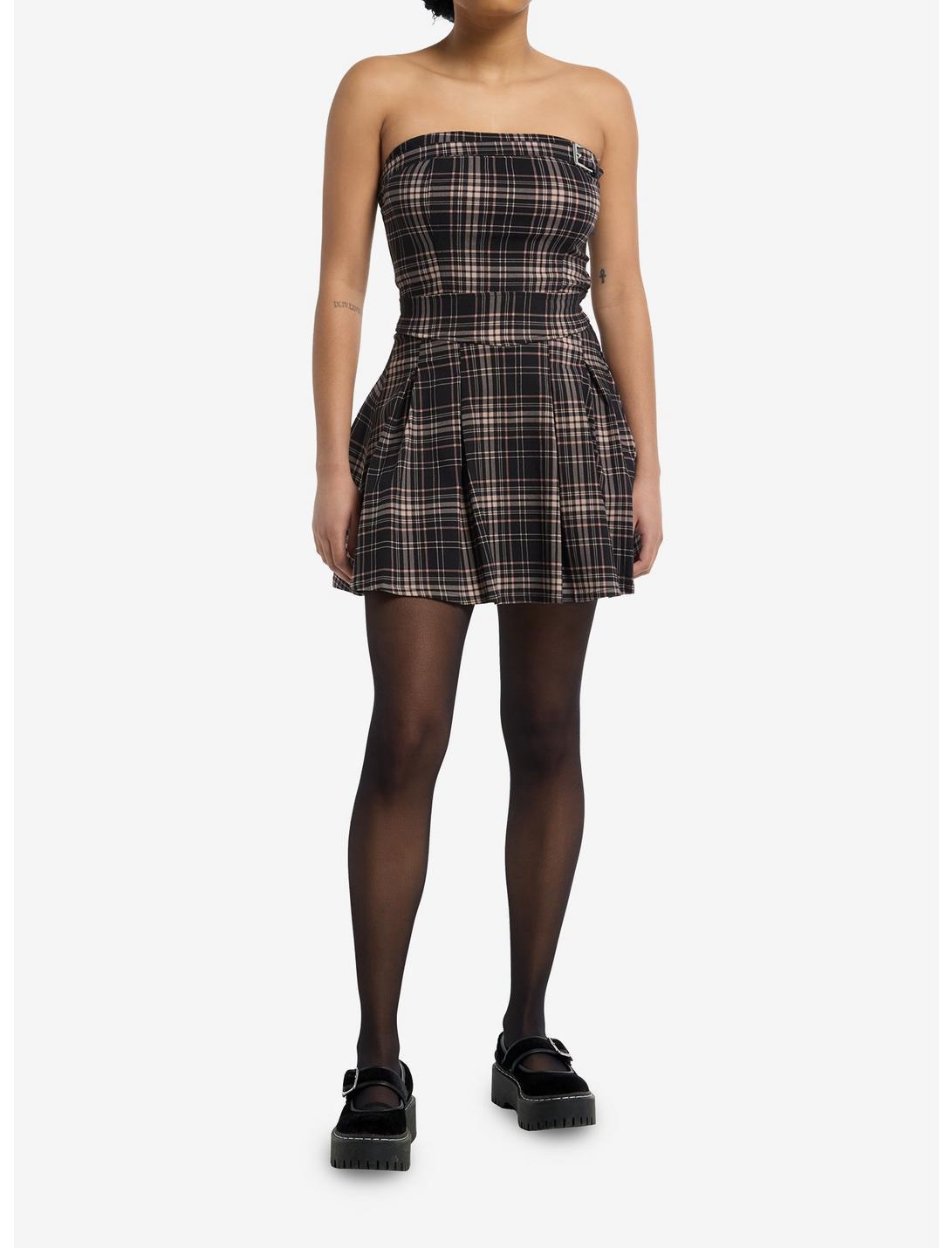 Black & Brown Plaid Buckle Strapless Mini Dress Product Image