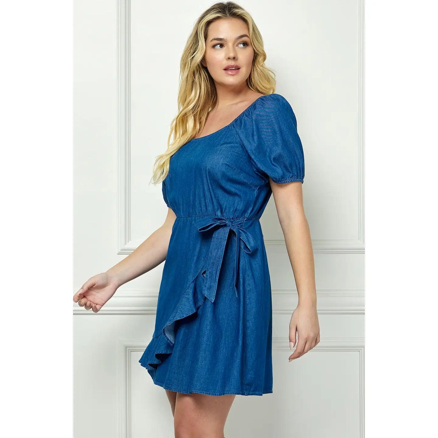 Plus Size Square Neck Wrap Bubble Sleeve Dress Product Image